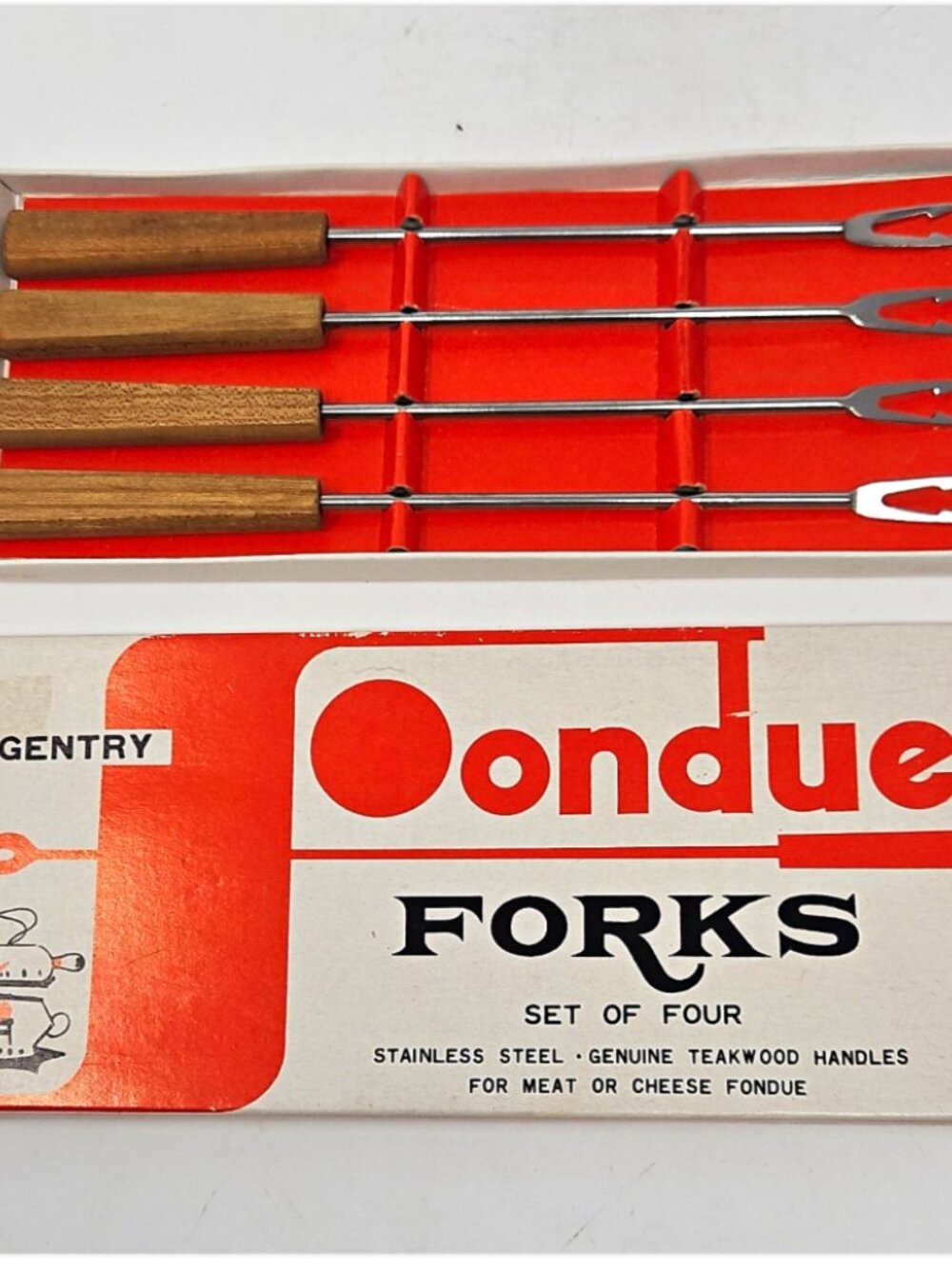 Vintage Boxed Set 4 Gentry Fondue Forks Stainless Steel Teakwood Handles Japan